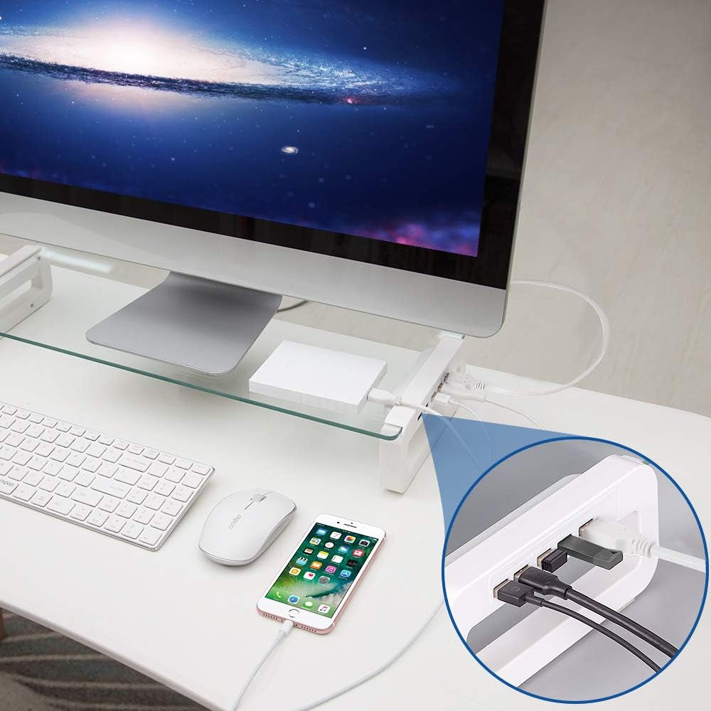 Tempered Glass Monitor Stand Riser with Built-in 4-Port USB 3.0 Hub - Enhances Desk Space, Offers Quick Charge and High-Speed Data Transfer at 5Gbps, Includes USB Cable; Suitable for Laptops, PCs, MacBooks, and More, in a Sleek White Design