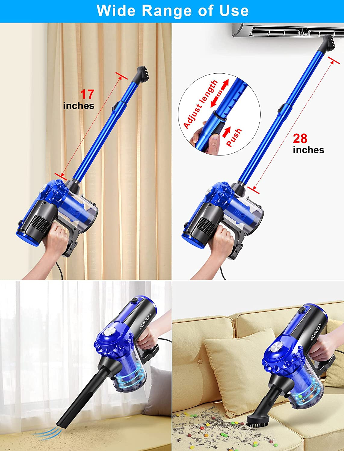 E600 Vacuum Cleaner - Corded, 17KPa Powerful Suction, Bagless, Lightweight Stick & Handheld Vacuum for Hard Floor and Tile, Blue.