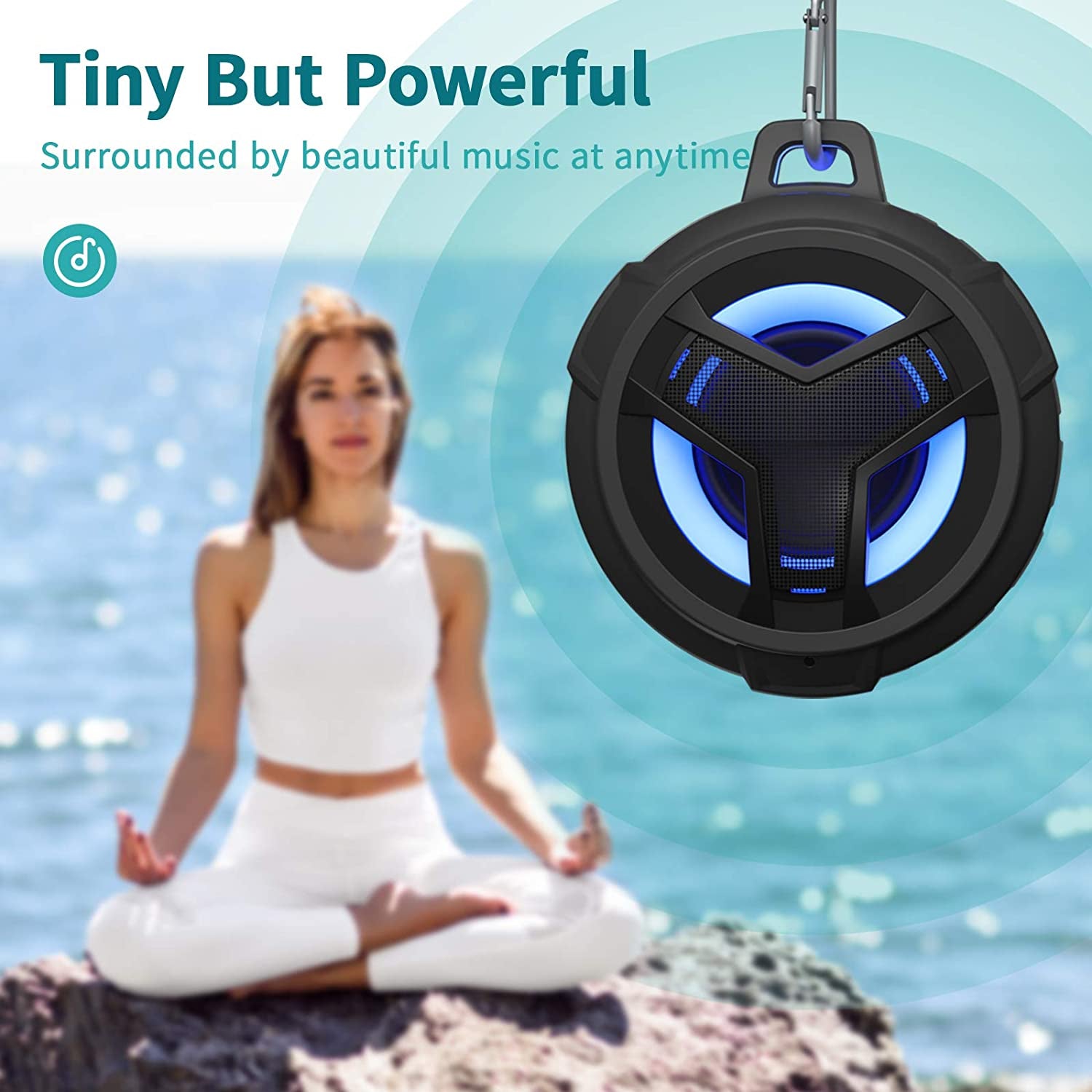 Bluetooth Shower Speaker: Portable and IP67 Waterproof Outdoor Speaker with LED Light. It's Floating and True Wireless Stereo, featuring a 2000mAh battery. Perfect for Pool, Kayak, Bike, Golf, and Gifts. Color: Black.