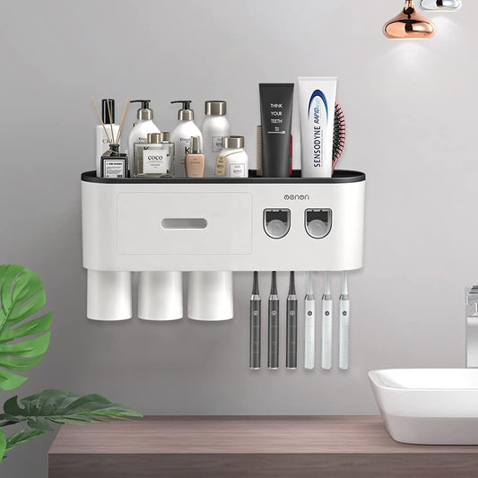 Bathroom Toothbrush Holder Kit: Wall Mounted with Double Automatic Toothpaste Dispensers, 6 Brush Slots, 1 Cosmetic Drawer Organizer, 1 Large Storage Tray, and 3 Black Cups