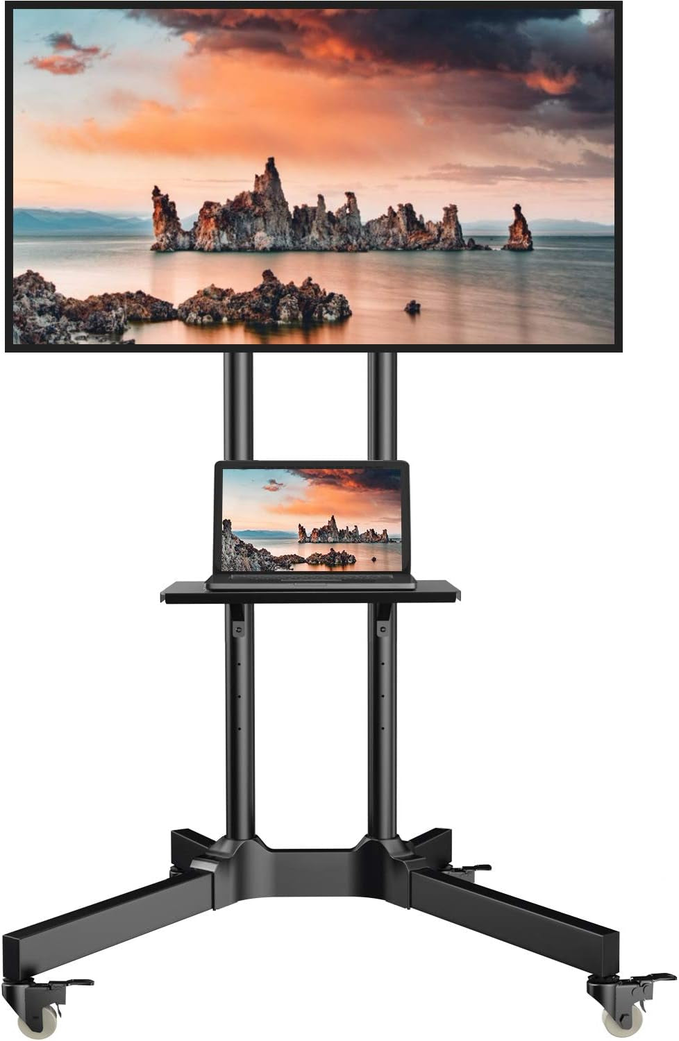 Mobile TV Cart with Wheels - Designed for 32-85 Inch LCD LED Plasma Flat Screen TVs - Height Adjustable Rolling TV Stand - Can Hold up to 132 lbs - Features a Floor Stand with Tray - Maximum VESA Compatibility: 600x400mm.