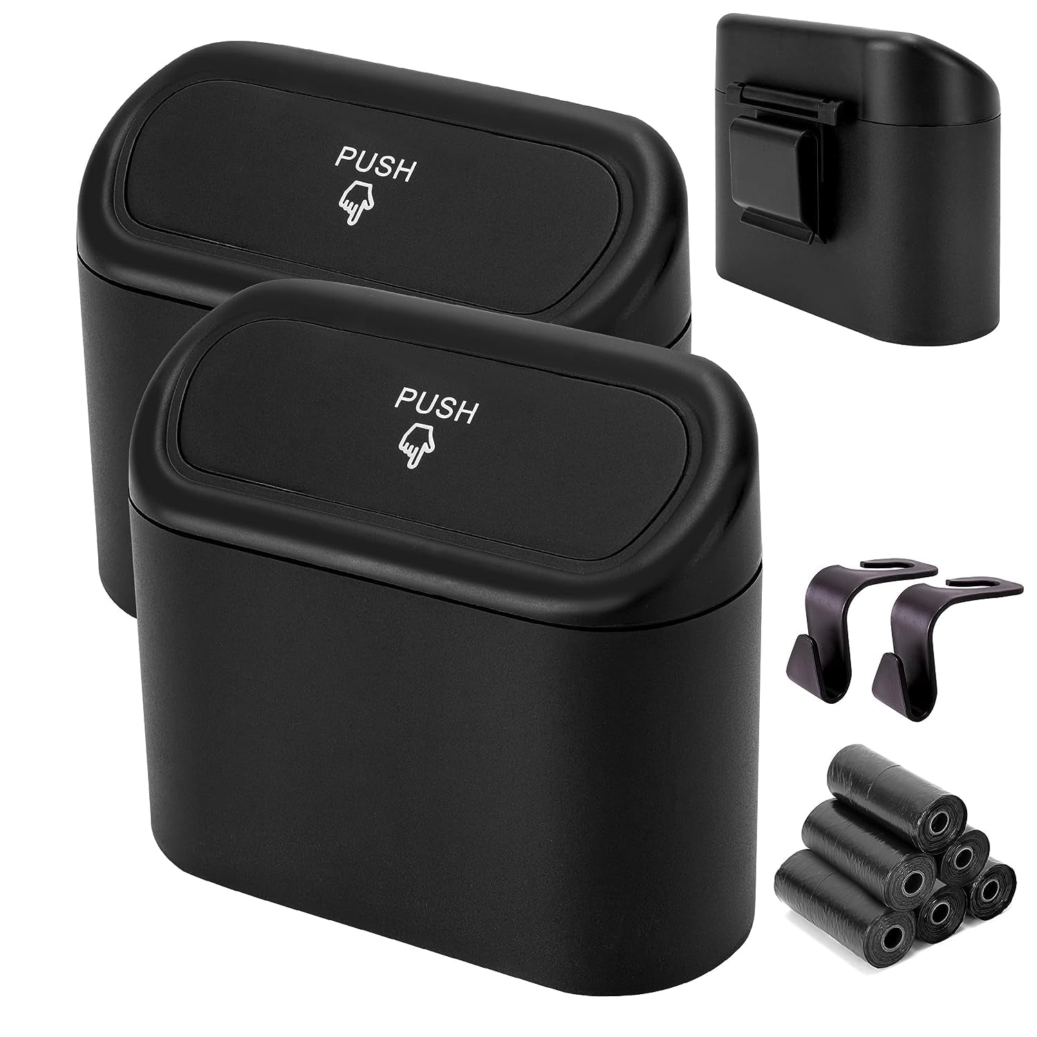 2 Pack Mini Car Trash Can with Lid,   Leakproof Auto Dustbin - 2 ABS Hooks and 90pcs Trash Bags Black