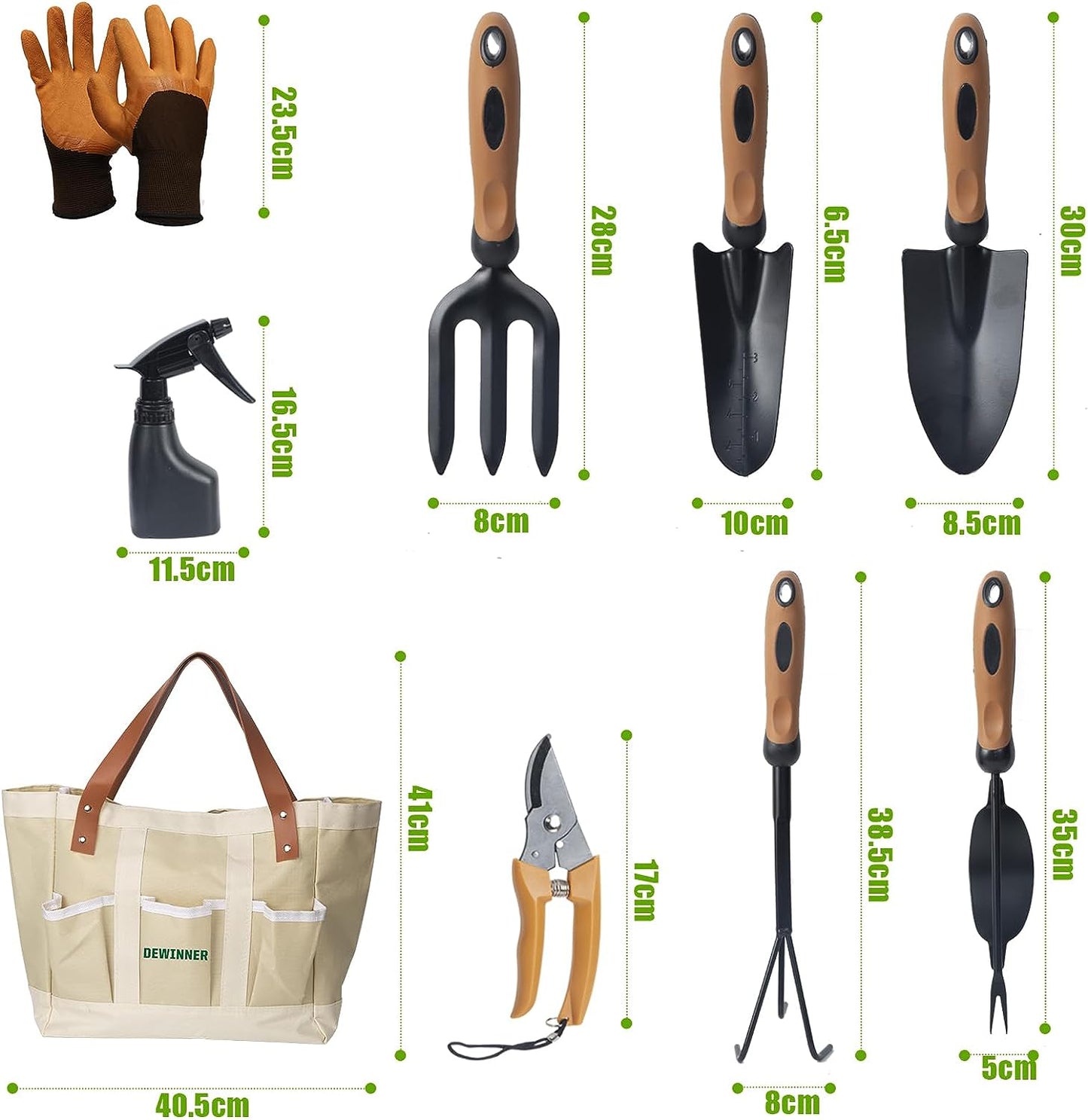 Complete 8-Piece Garden Tool Set: Includes Heavy-Duty Gardening Tools such as Pruner, Trowel, Hand Weeder, Rakes, Weeding Fork, Watering Pot, Gloves, and Tote Bag