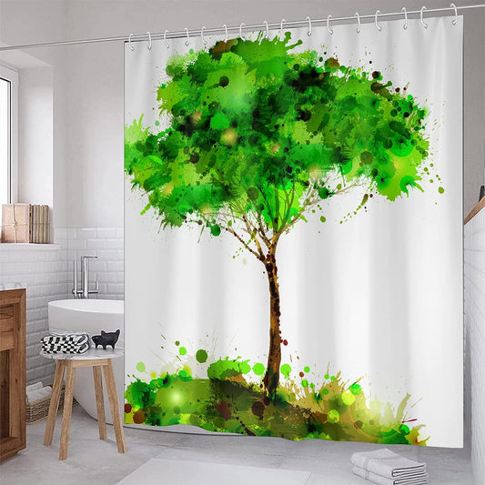 Artistic Abstract Green Tree Watercolor Shower Curtain (180x180cm) - Waterproof Bathroom Decor for Home Bathtub Wall