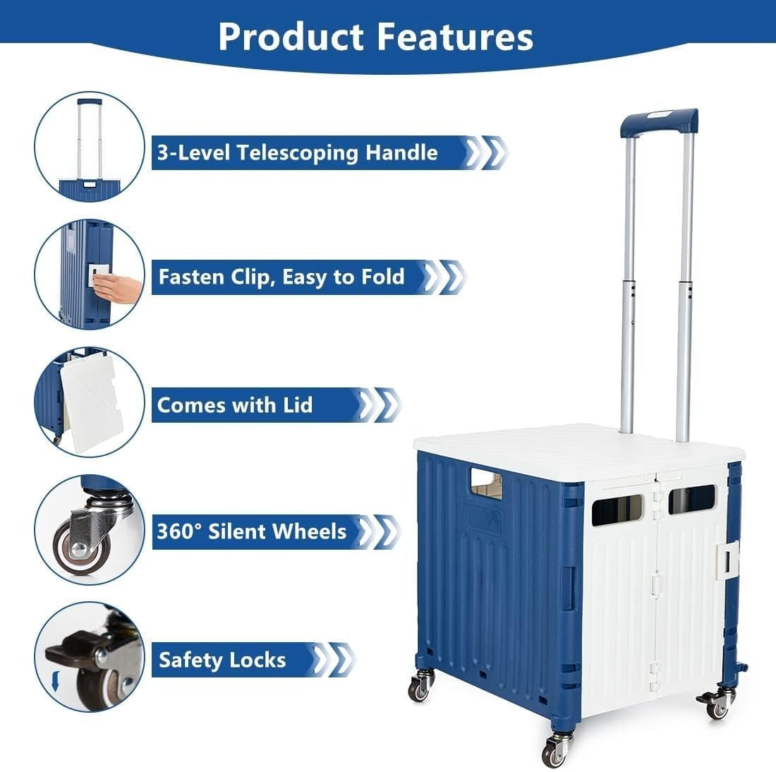 Foldable Utility Cart with Lid - A 50L Folding, Portable Rolling Crate Handcart equipped with a Heavy-Duty Collapsible Basket, Telescoping Handle, and 4 Rotating Wheels. Ideal for Office, Shopping, Camping, Travel, and Moving. Available in Blue and White.