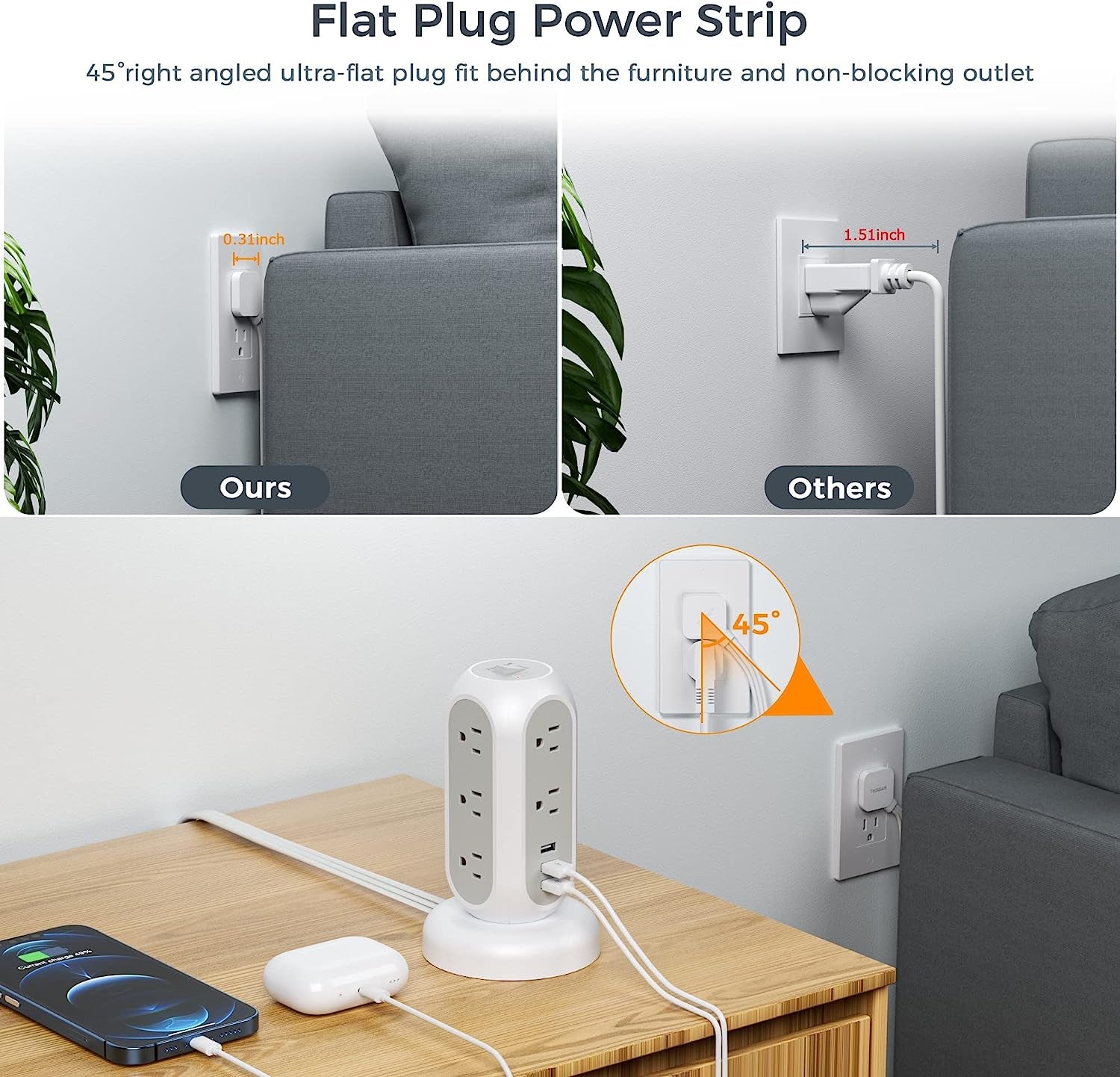Retractable Flat Plug Power Bar Tower with 11 Outlets, 3 USB Ports, and Surge Protection - 5 Feet Indoor Flat Extension Cord for Home Office, Desk Accessories, and Dorm Essentials