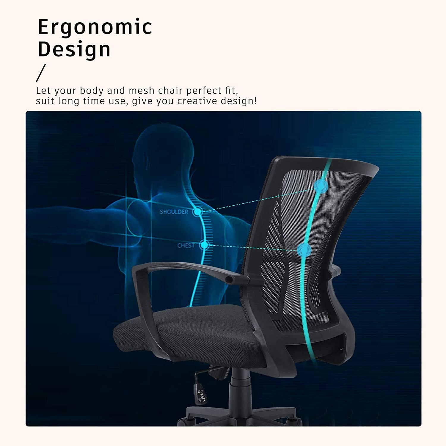 Ergonomic Office Chair with Adjustable Features and Lumbar Support for Adults, Students, and Women - Swivel, Rolling, and Mesh Design - Ideal for Home Office - Black