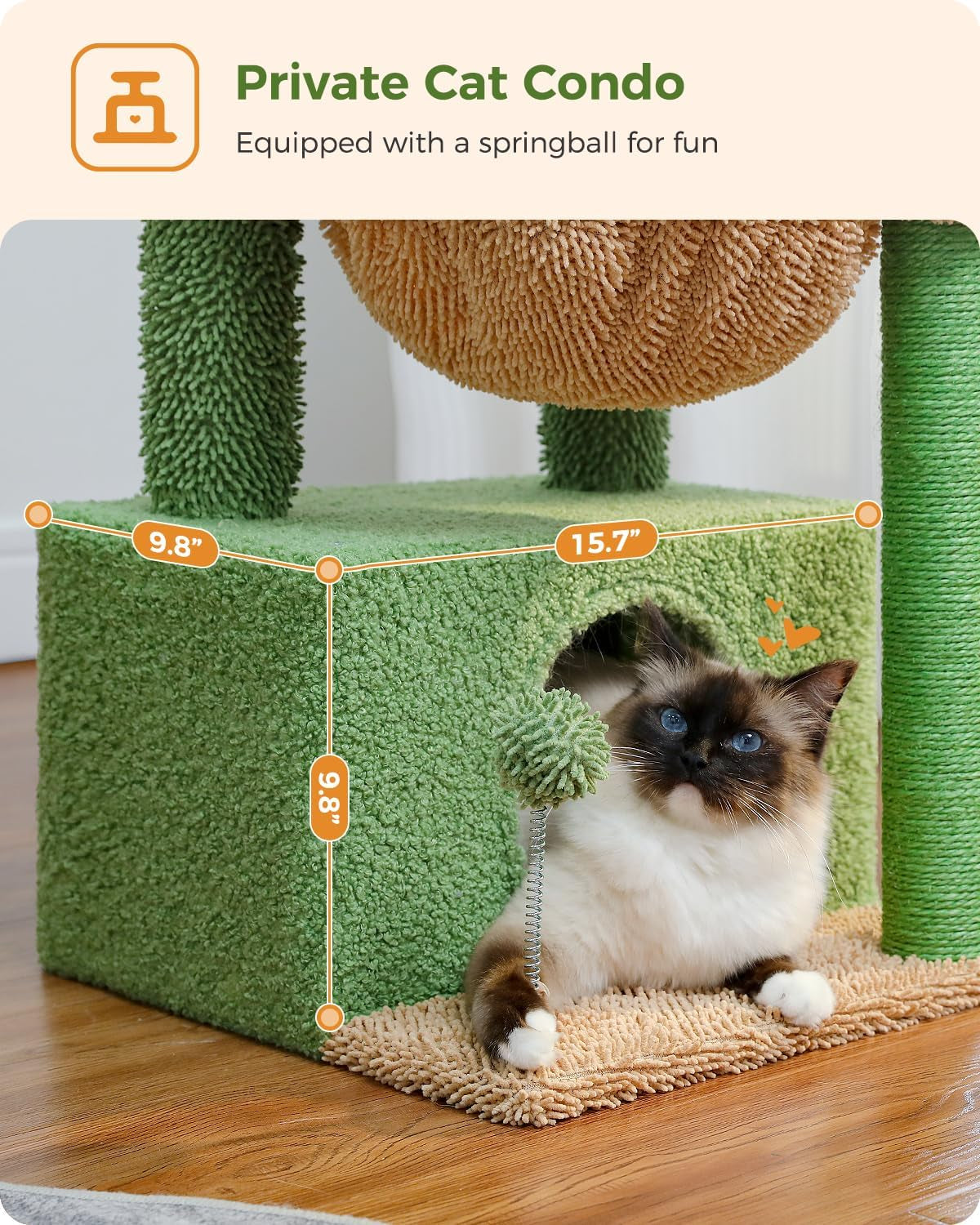 4-in-1 Cactus Cat Tree: A Spacious and Comfortable Cat Tower for Indoor Cats with a Large Condo, Scratching Post, Hammock, and Cozy Top Perch in Green Color - 33''=84CM