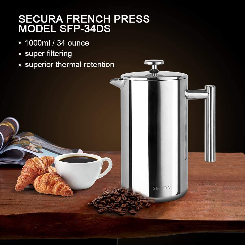 34oz (1 Litre) French Press Coffee Maker - Insulated 304 Grade Stainless Steel Coffee Press with 2 Extra Screens - Silver