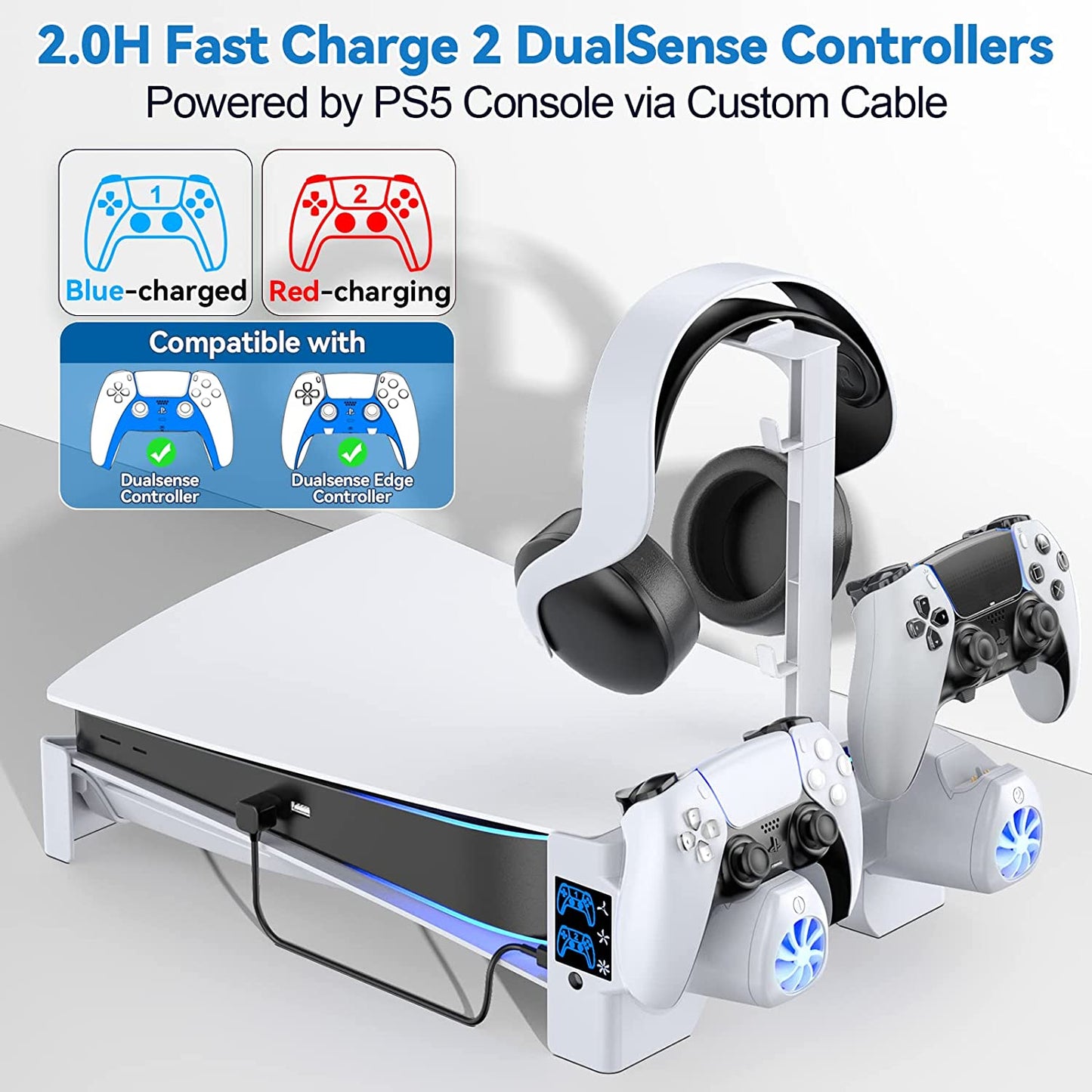 Playstation 5 (PS5) Horizontal Stand with 3-Level Cooling Fans - Enhanced Cooling Solution for PS5 Console, Controller Charging Station Designed for PS5 Edge Controller, PS5 Cooling Station with Headset Holder