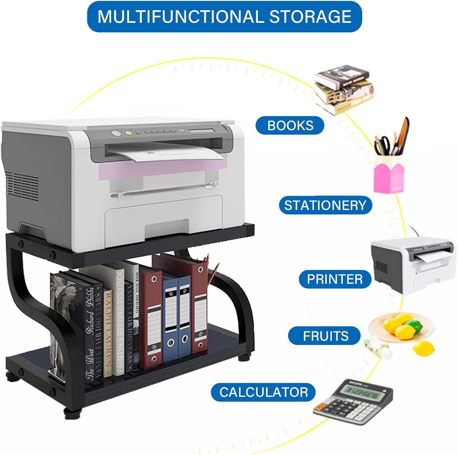 2-Tier Retro Wood Desktop Printer Stand with Storage and Heavy Duty Organizer Rack Shelf for Home Office