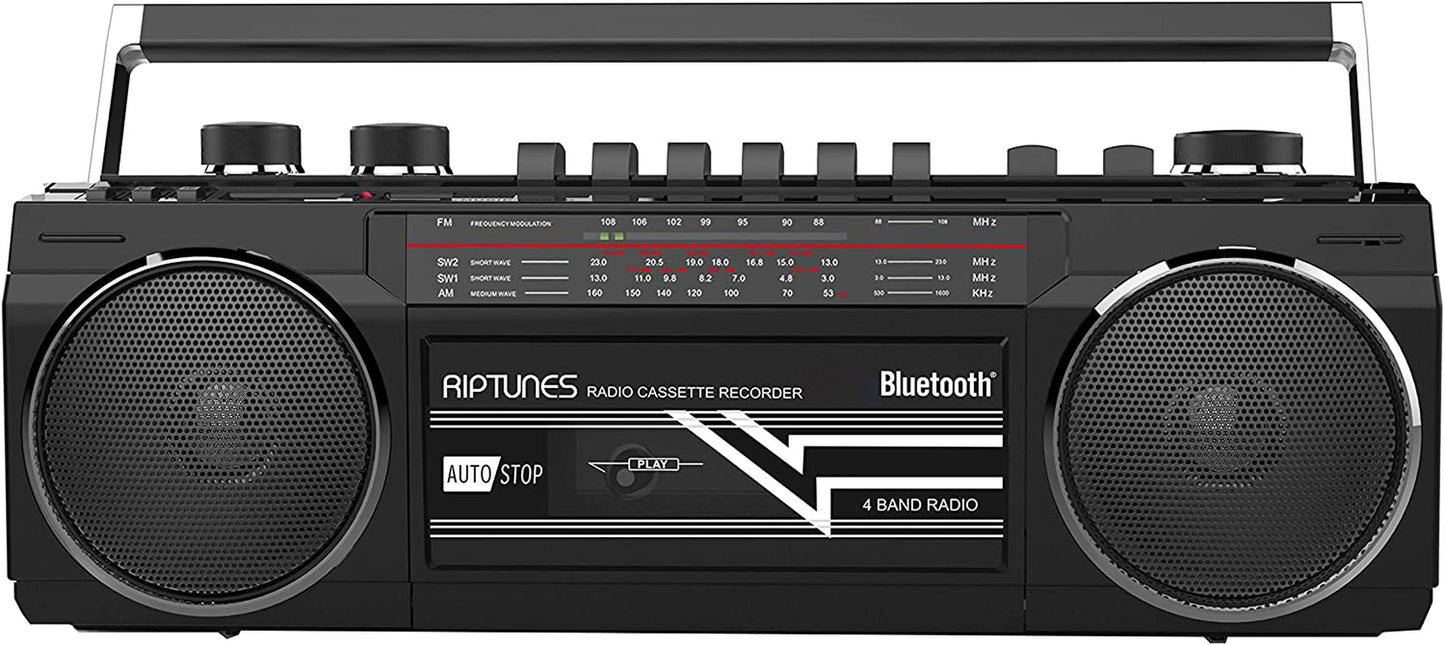 Retro Bluetooth Boombox with Cassette Player and Recorder, AM/FM/SW-1-SW2 Radio, USB, SD, and Aux in - Black