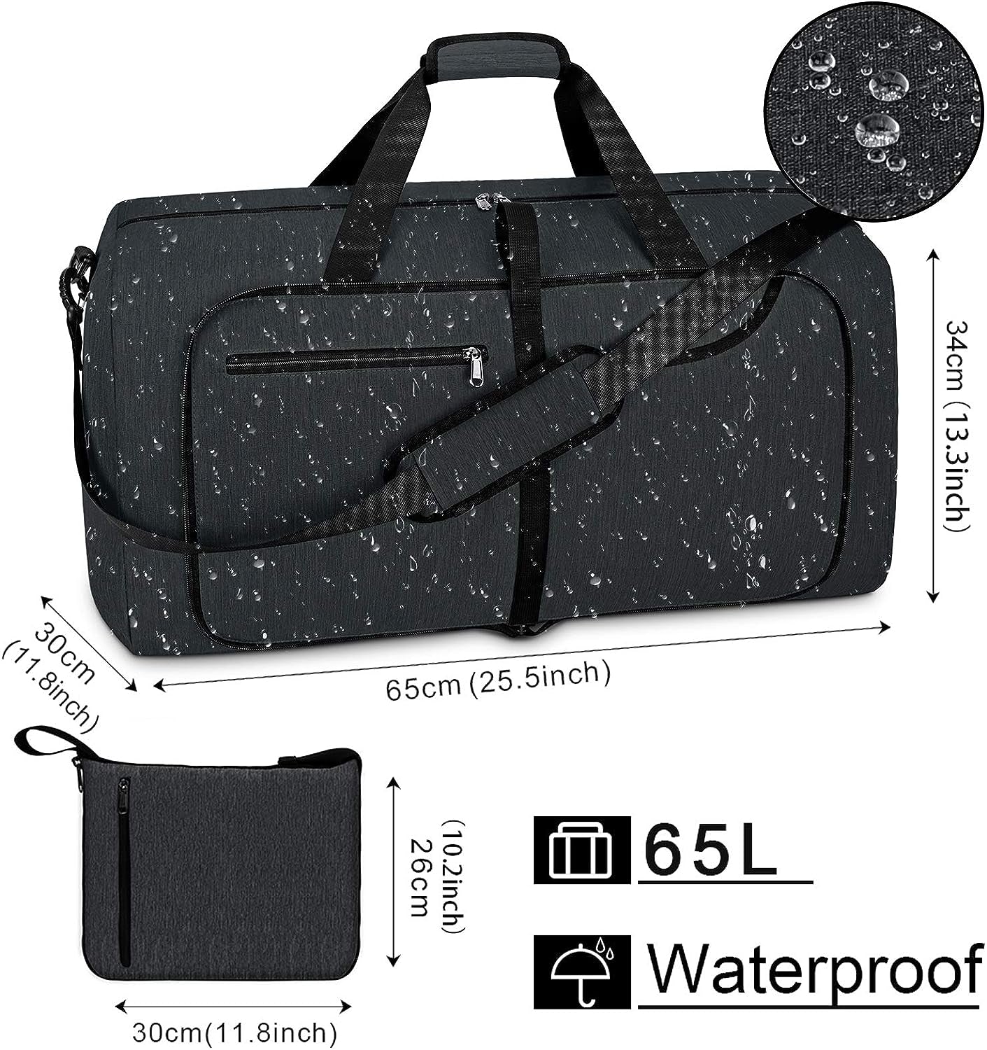 65L Foldable Waterproof Travel Duffle Bag - Ideal Sport Gym Bag - Spacious Weekender Duffel Bag for Men and Women - Lightweight Overnight Bag with Shoe Compartment - Sleek Black Design.