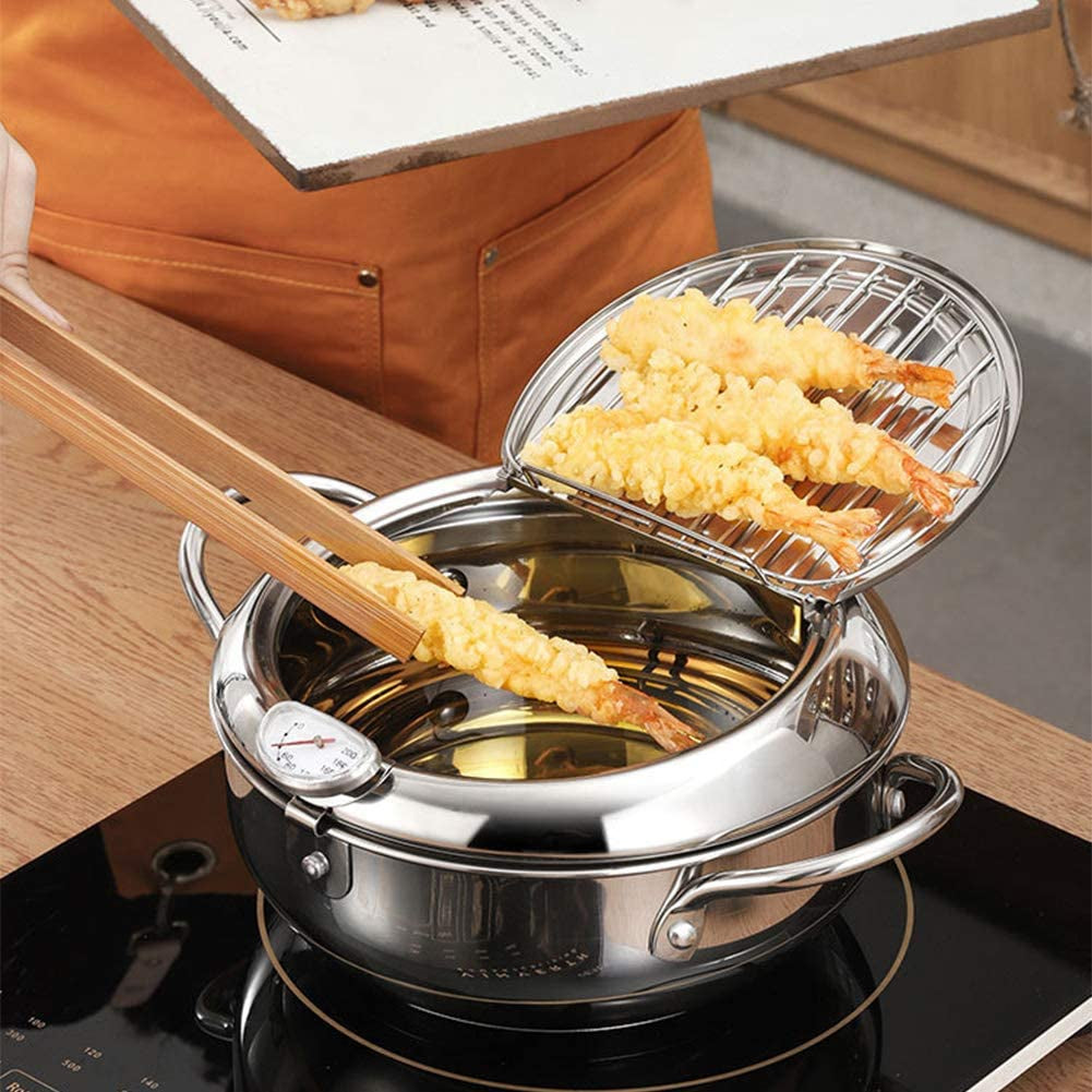 Japanese-Style Tempura Deep Fryer: Stainless Steel Fryer Cooking Pot with Thermometer, Cold-Touch Handle, and Removable Oil Filter Rack - Perfect for Home Kitchen Tempura Cooking