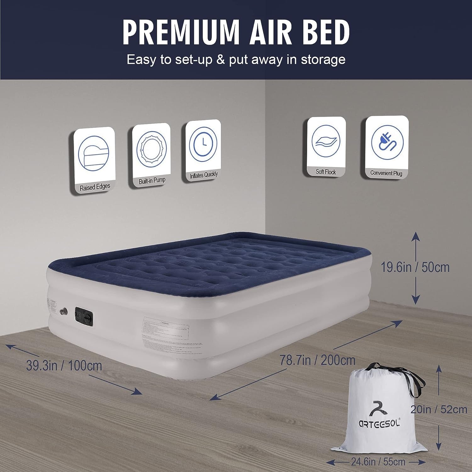 Queen Size Inflatable Air Bed with Built-in Pump, Suitable for 1 or 2 Persons, Premium Flocked Material, Rapid 3-Minute Inflation/Deflation, Ideal for Home and Camping Use, Includes a Convenient Storage Bag.