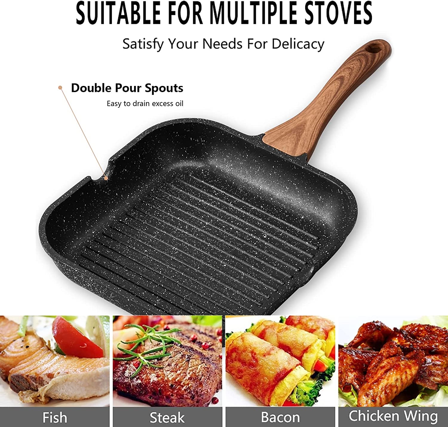 9.5 Inch Nonstick Grill Pan with Lid for Stove Tops, Induction Compatible, PFOA & PTFEs Free