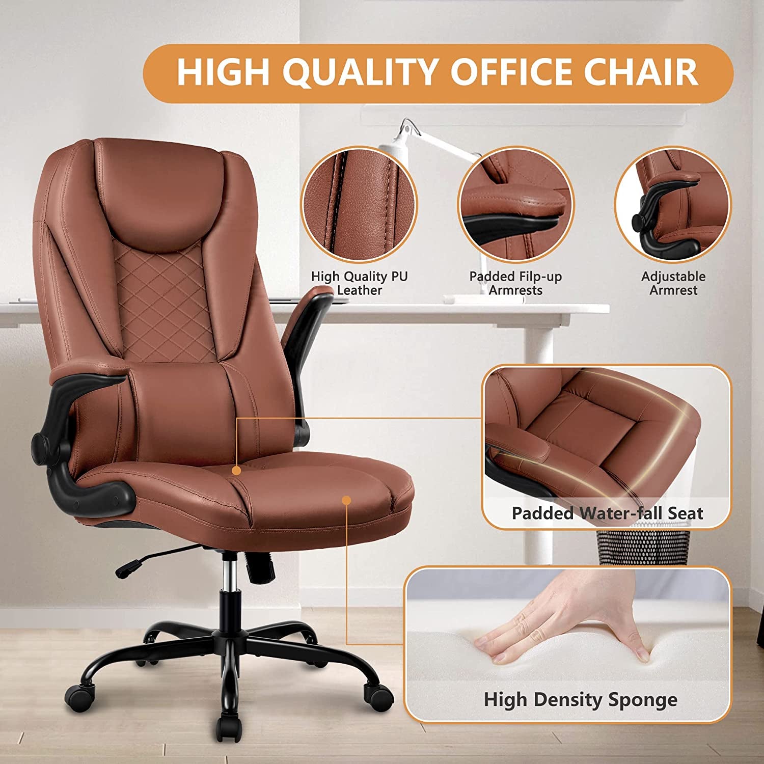 Executive Office Chair - Ergonomic Leather Chair with Adjustable Flip-Up Arms and Lumbar Support for Big and Tall Individuals - High Back Home Office Desk Chair for Increased Comfort and Productivity (Brown)