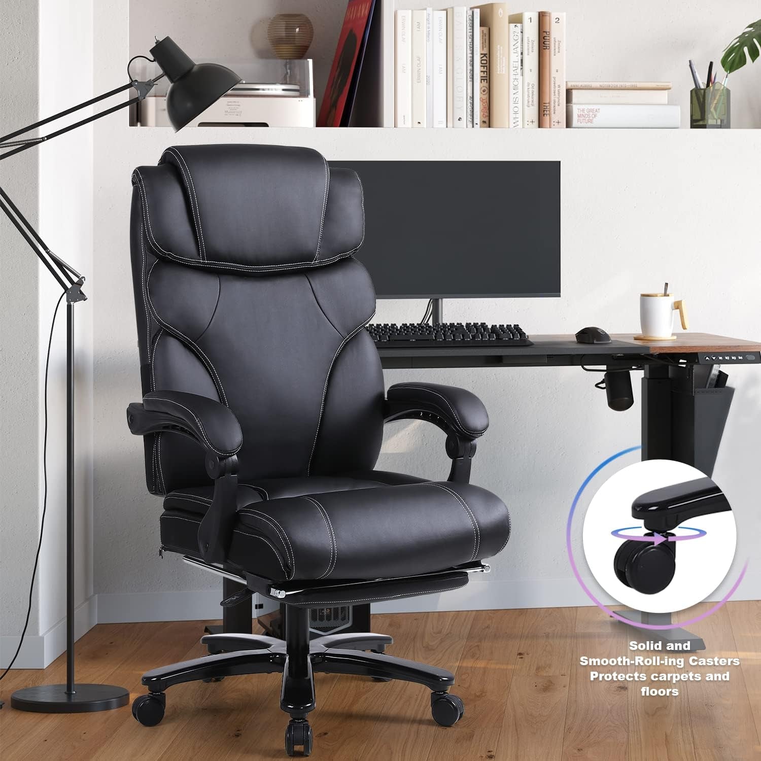 Tall Executive Office Chair - Ergonomic Leather Reclining Computer Desk Chair with Footrest, Adjustable Tilt Angle, High Back, Heavy Duty Metal Base, and Thick Padding. Identified as Model 9298-1 in Black.