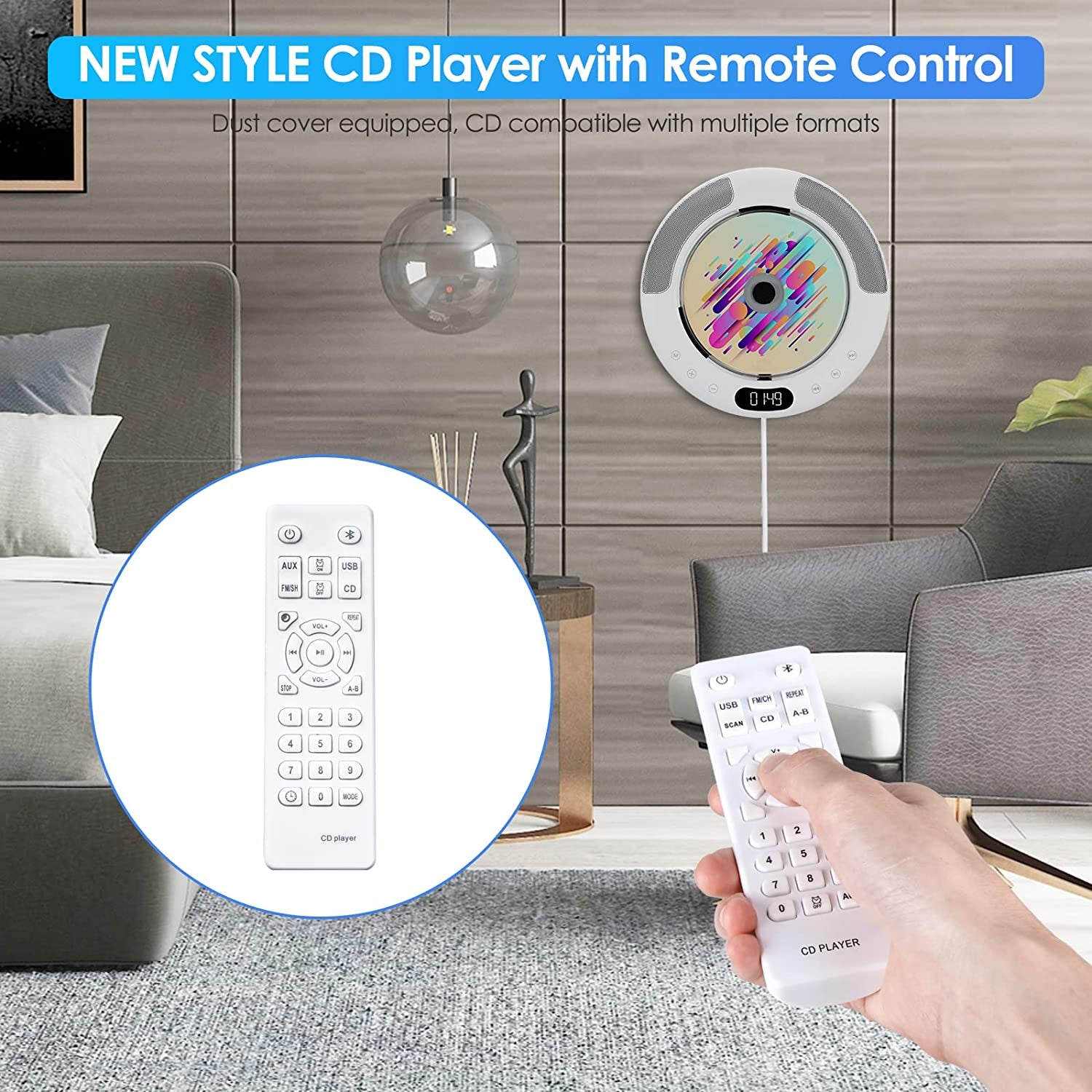 Portable Bluetooth CD Player - Wall Mountable for Home and Suitable for Car Use. This Desktop Music Player features Remote Control, Built-in HiFi Speakers, an LED Screen, FM Radio, and AUX Input/Output capabilities.