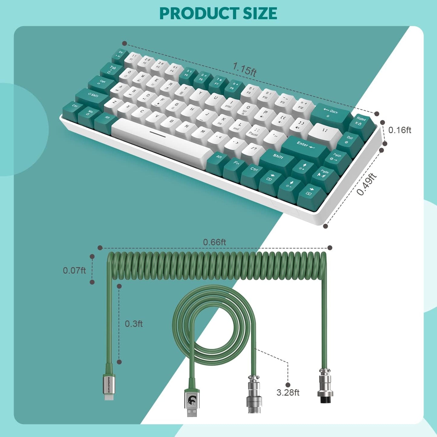 RK-T8 Wired 65% Mechanical Gaming Keyboard - TKL Mini with RGB LED Backlighting, Anti-Ghosting, and Custom Coiled USB-C Cable. Features Tactile Blue Switch for PS4, PS5, Xbox, PC, Mac Gamers. Available in Green/White.
