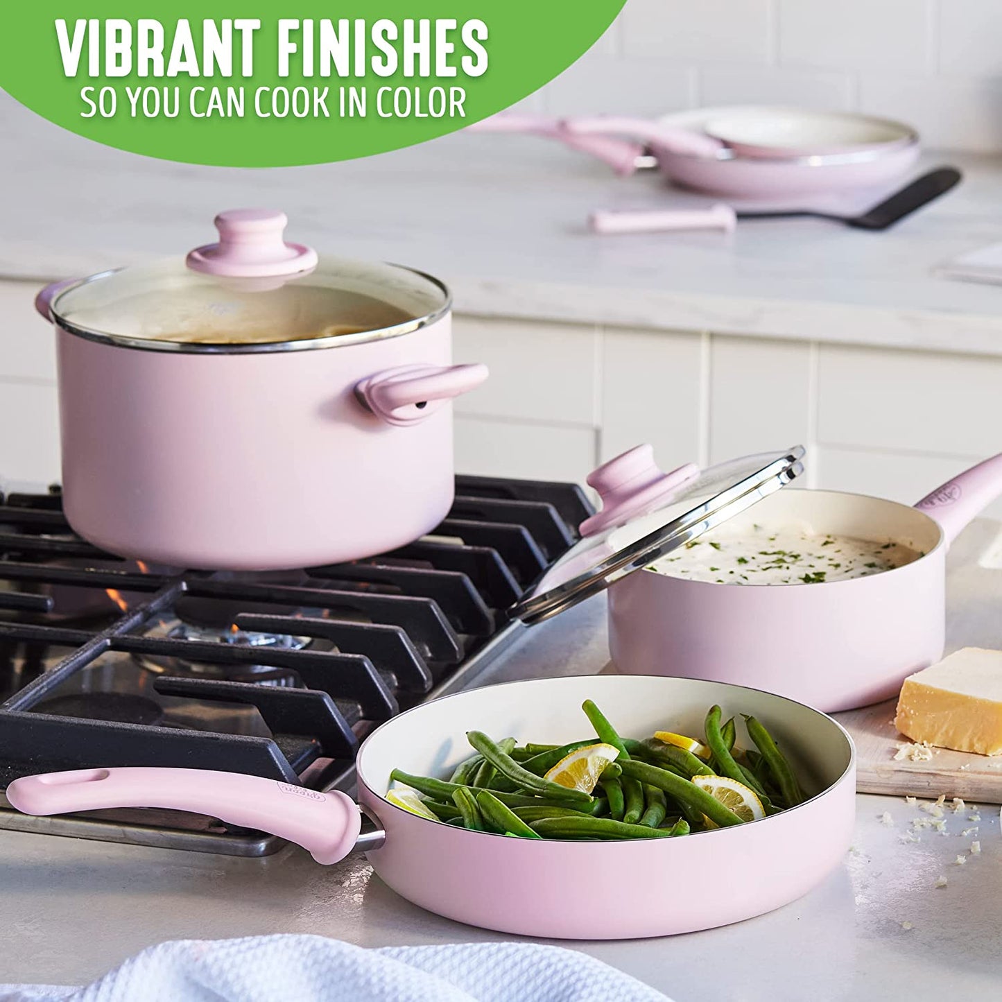 Soft Grip Ceramic Nonstick Cookware Set - 12 Piece, PFAS-Free, Dishwasher Safe, Pink