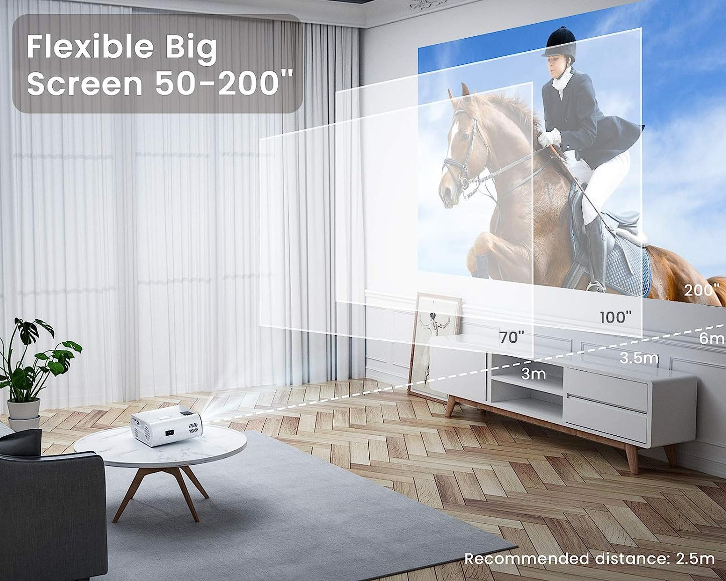 K5 Mini WiFi Bluetooth Projector - Full HD Support for 1080P, 75% Zoom, and 200" Screen. Compatible with Smartphone (Wirelessly), PC, Bluetooth Speakers, TV Stick, PS4, and PS5.