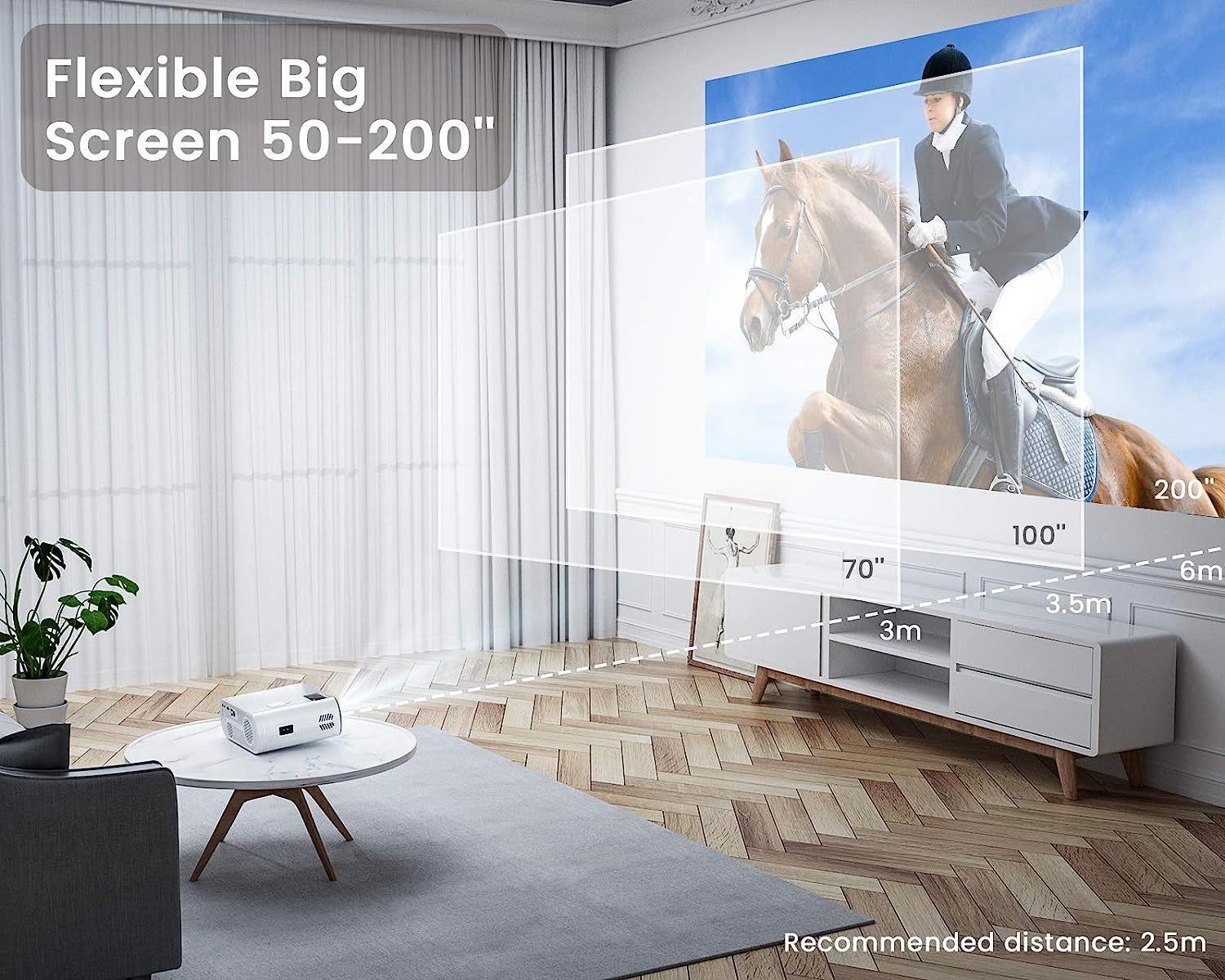 K5 Mini WiFi Bluetooth Projector - Full HD Support for 1080P, 75% Zoom, and 200" Screen. Compatible with Smartphone (Wirelessly), PC, Bluetooth Speakers, TV Stick, PS4, and PS5.