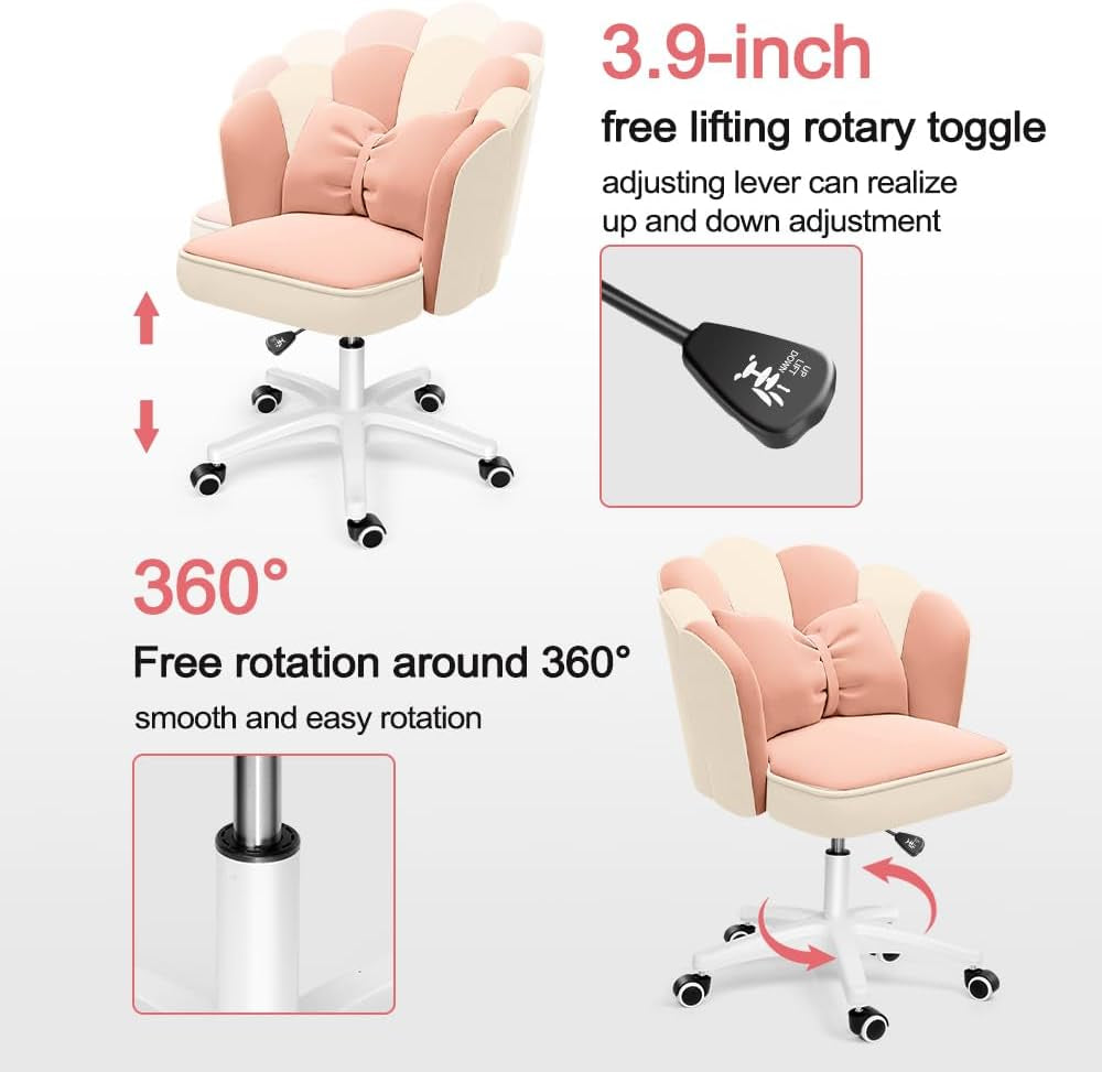 Cute Petal Office Desk Chair, Modern Fabric Height Adjustable Chair Makeup Chairs Computer Chairs (Modern, Pink and White)