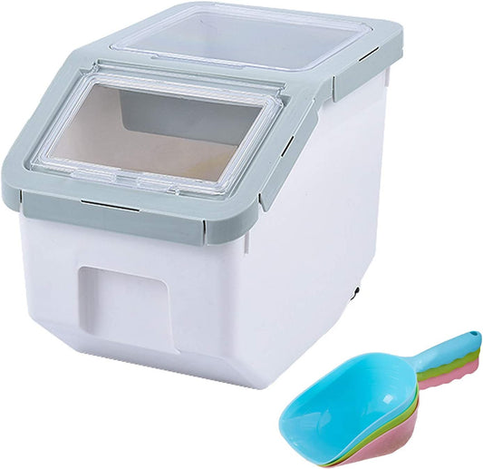 Airtight Flour Storage Containers with Lids: Plastic Dry Food Containers for Cereal, Grain, and Rice, Complete with Measuring Cup, Scoop, and Wheels, Green Color, Small Size with 5-6kg Capacity - Perfect for Kitchen Pantry Organization