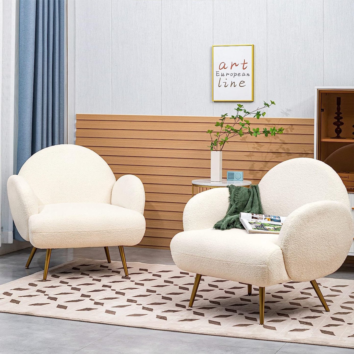 White Accent Sherpa Chair - Comfy Modern Armchair with Golden Metal Legs Mid-Century Sofa Chair