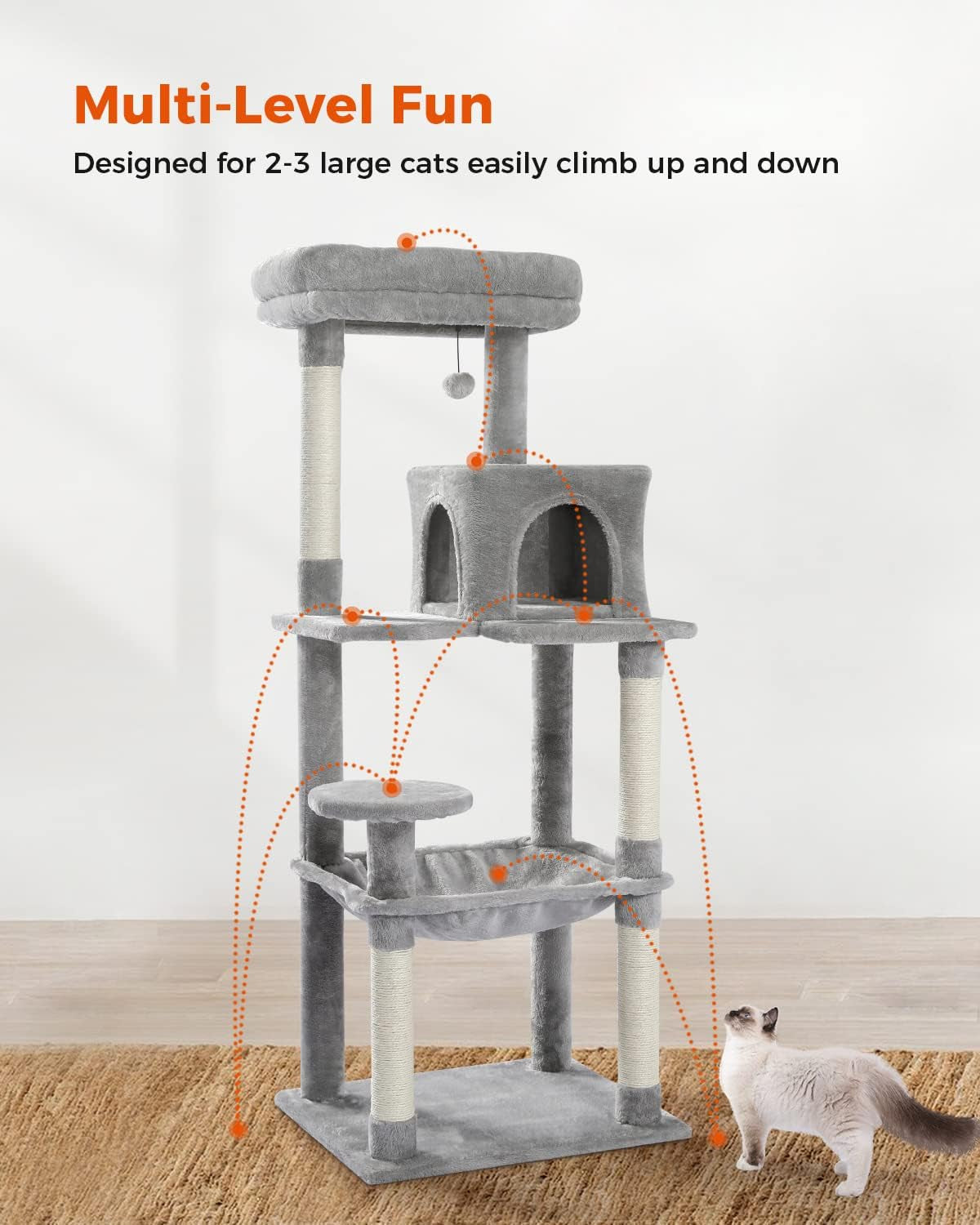 Cat Tree for Large Cats - Sturdy Metal Frame, Spacious Hammock, and Multi-Level Design - Ideal Indoor Cat Tower with Condo House, Scratching Posts, and Top Perch - 56.3" [143cm] Height - Elegant Grey Color