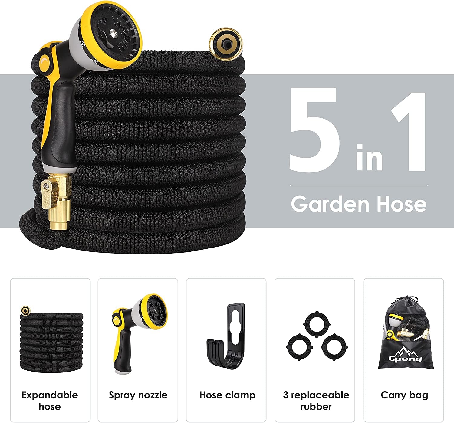 25 ft Expandable Garden Hose: Comes with a 10 Function Nozzle, Triple Core Latex, and 3/4" Solid Brass Fittings. Lightweight, Kink-Free, Retractable, and Collapsible for Flexible Gardening. Available in Black.