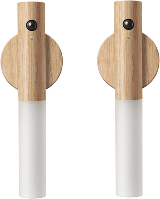 Rechargeable LED Motion Sensor Night Lights: Magnet Body Sensor Hallway Lights, Portable Stairway Lights, Wooden Wall Sconce, Battery Powered, White Ash Wood (2PC)