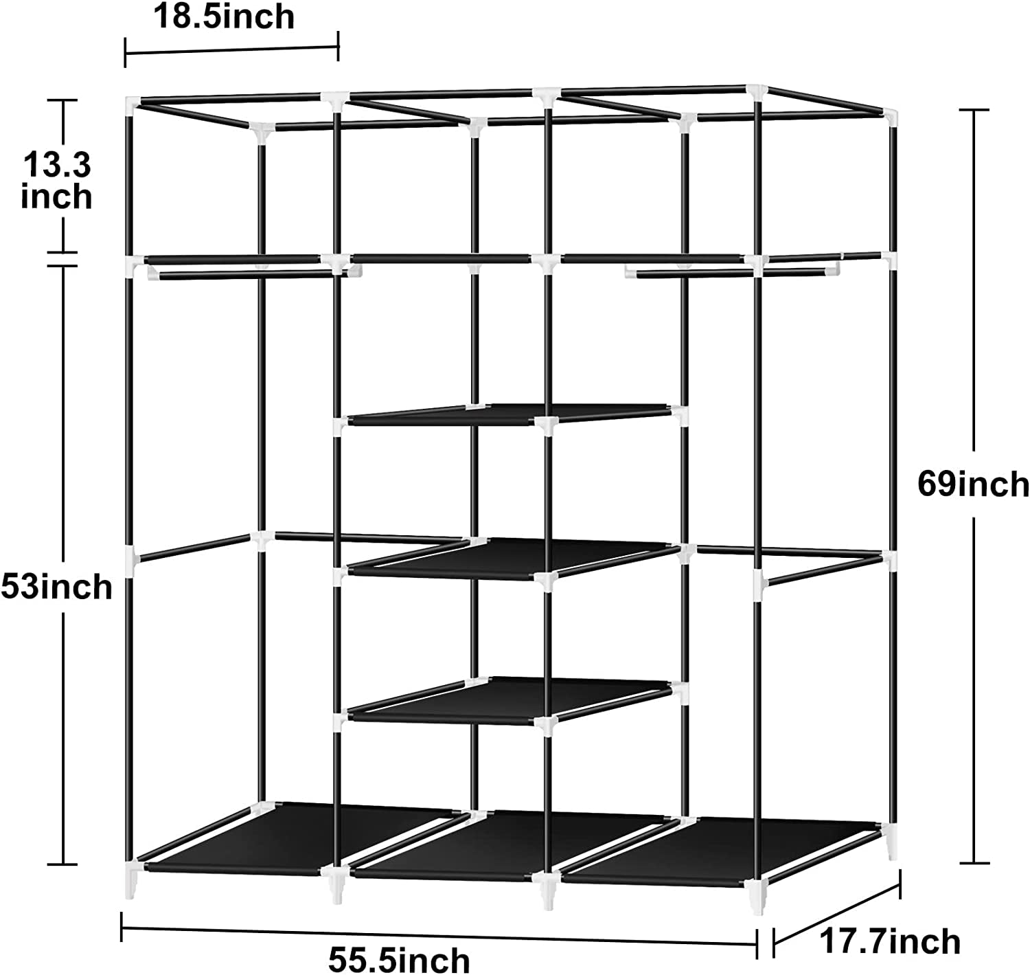 55.5 Inch Portable Wardrobe Closet: Features 2 Hanging Rods and 9 Clothes Storage Organizer Shelves. This Black Closet is Extra Durable and Quick and Easy to Assemble.