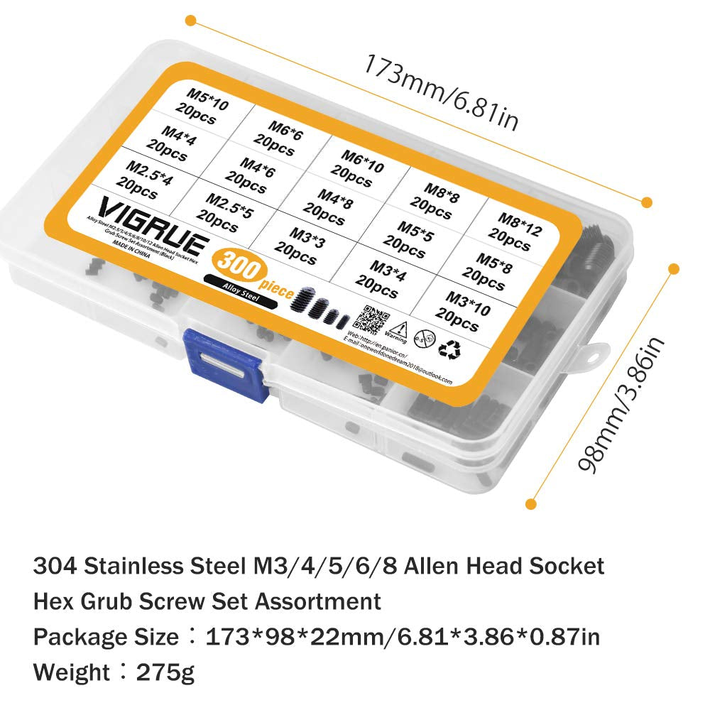 300 Hex Allen Head Socket Set Screw Bolts: M2.5/M3/M4/M5/M6/M8 Sizes with Internal Hex Drive in Black