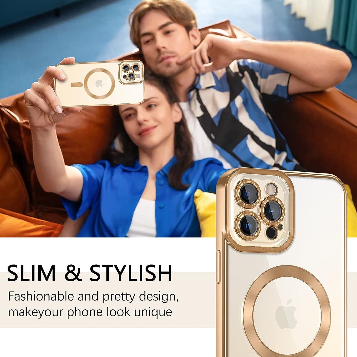 iPhone 12 Pro Magnetic Case - Clear, flexible TPU cover with Magsafe compatibility. Shockproof and anti-scratch. Clear/Gold.