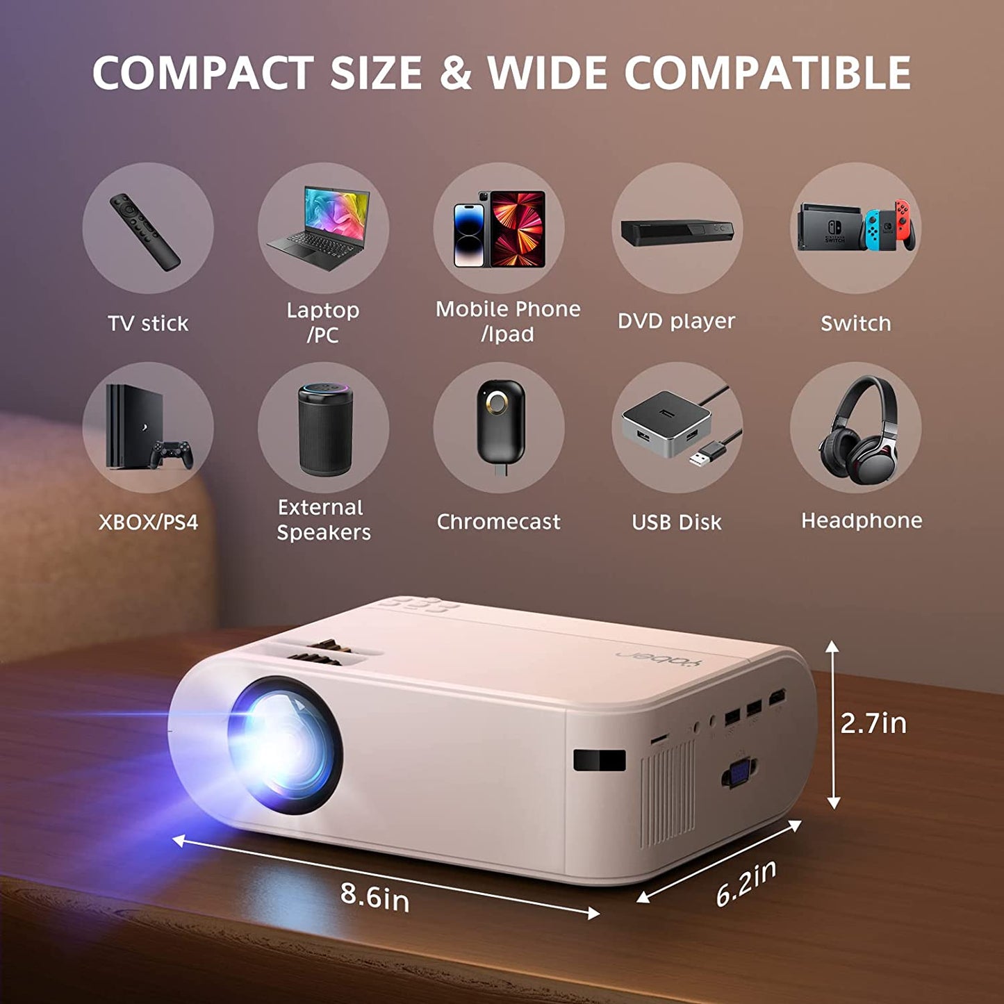 Portable Mini WiFi Projector - Includes Projector Screen, Supports 8500L Brightness and 1080P Full HD. Features Zoom and 250" Display for Outdoor Projection. Perfect Home Movie Projector compatible with Phone, TV Stick, HDMI, PS, USB, VGA, SD, and more.