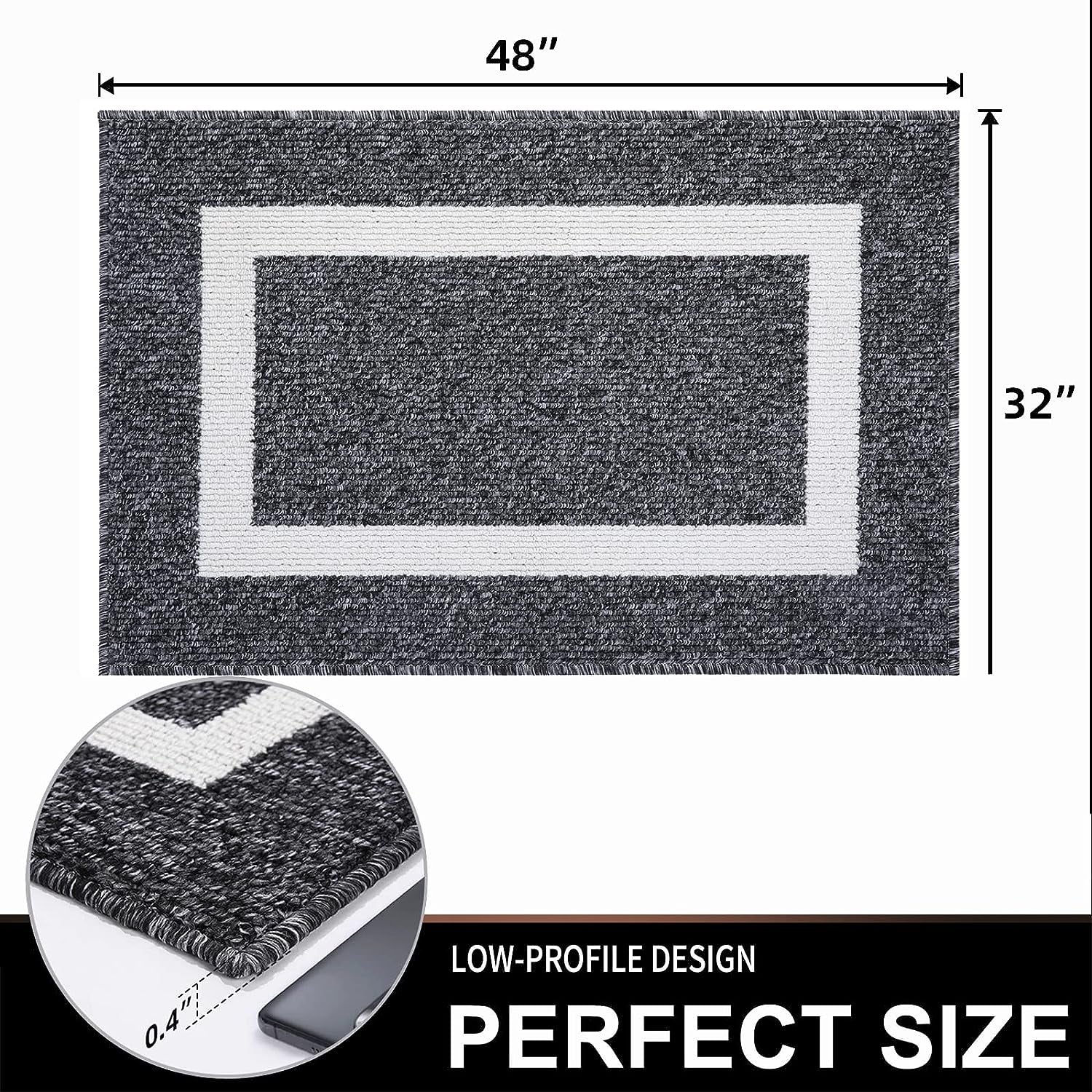 Black Low-Profile Welcome Mat for Entryway: Non-Slip, Dirt-Resistant, Absorbent Indoor Door Mat (32" x 47") - Suitable for Inside and Outside Use, Washable