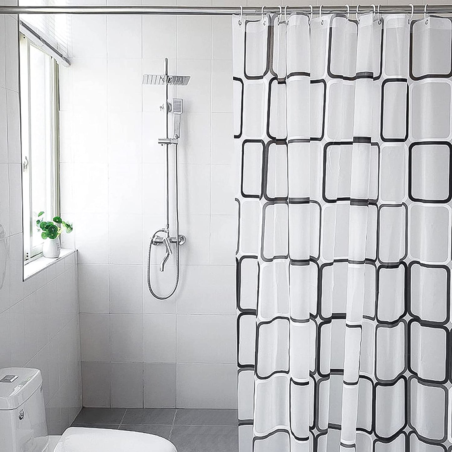 Black and White Lattice Shower Curtain for Bathroom - Contemporary Design - Waterproof - Includes Clear Shower Curtain Hooks Set - Measures 71" x 71" - Enhance Bathroom Decor.
