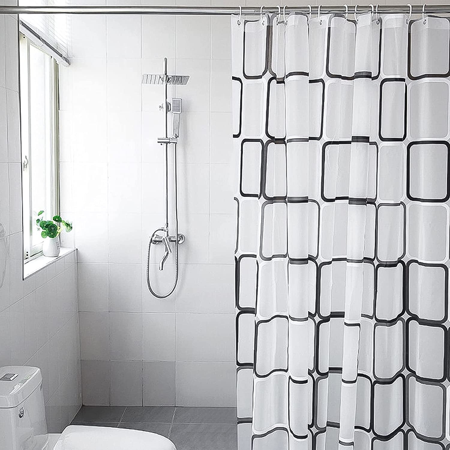 Black and White Lattice Shower Curtain for Bathroom - Contemporary Design - Waterproof - Includes Clear Shower Curtain Hooks Set - Measures 71" x 71" - Enhance Bathroom Decor.