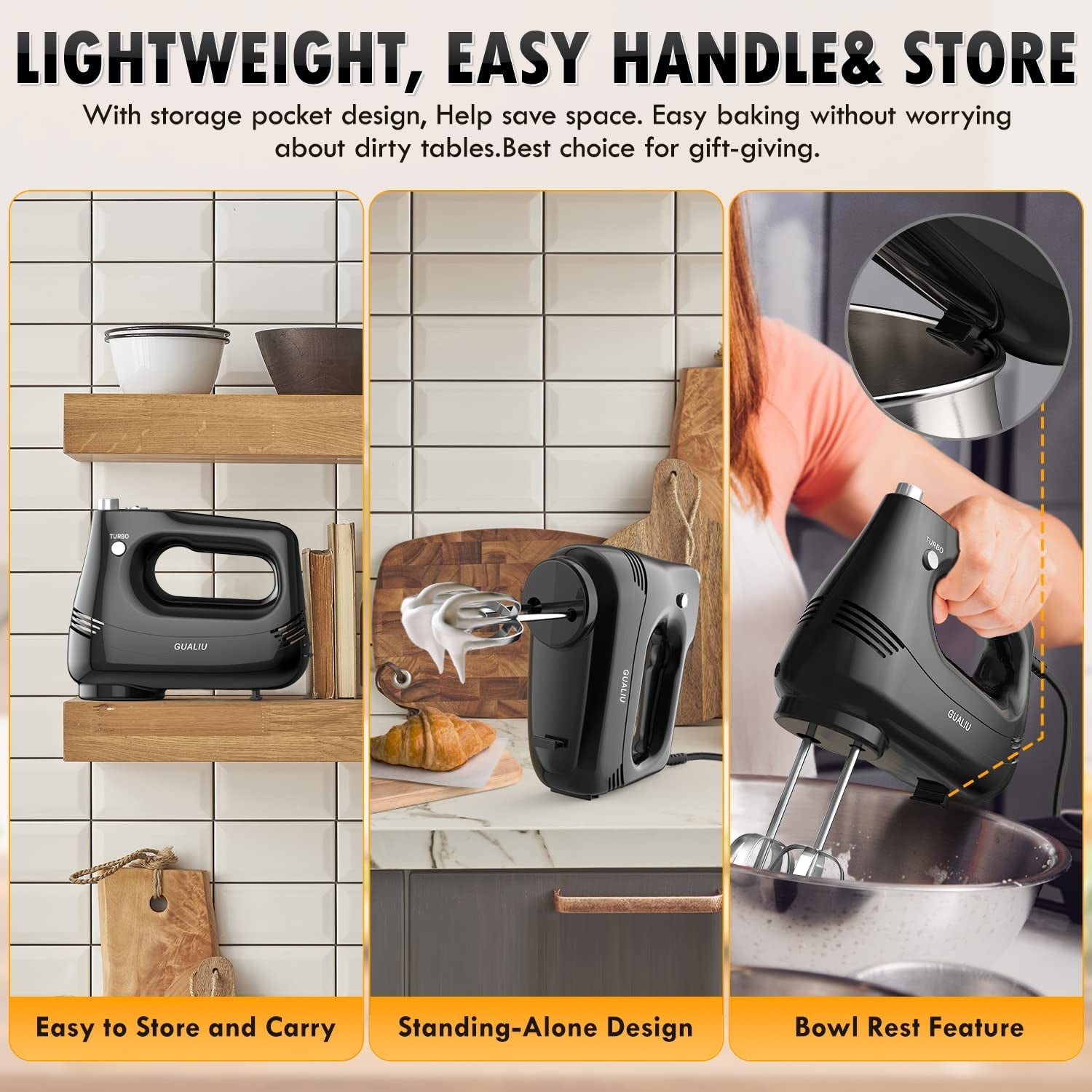 Compact Electric Hand Mixer with Stainless Steel Egg Beater, Dough Hook Attachment, and Storage Bag - Lightweight Hand Mixer for Baking Cakes, Eggs, Cream, and More. Features Turbocharged Power, 5-Speed Settings, Eject Button