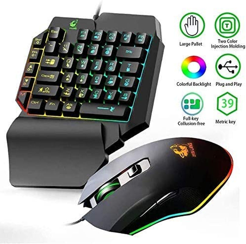 One Hand Keyboard and Mouse Combo - Wired Mechanical Feeling Rainbow Backlight Keyboard with Wrist Rest, RGB Gaming Mouse, and LED Backlit Converter. Compatible with PS4, Xbox One, Nintendo Switch, PS5, and PC.