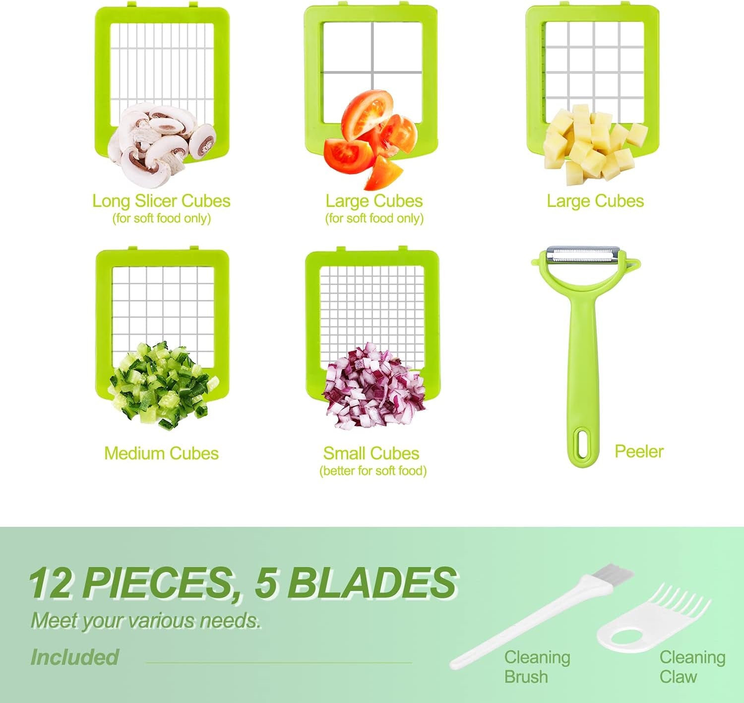 12-in-1 Vegetable Chopper and Dicer: A versatile food chopper and slicer for onions, potatoes, salads, fruits, apples, carrots, with a container and 12pcs accessories included.