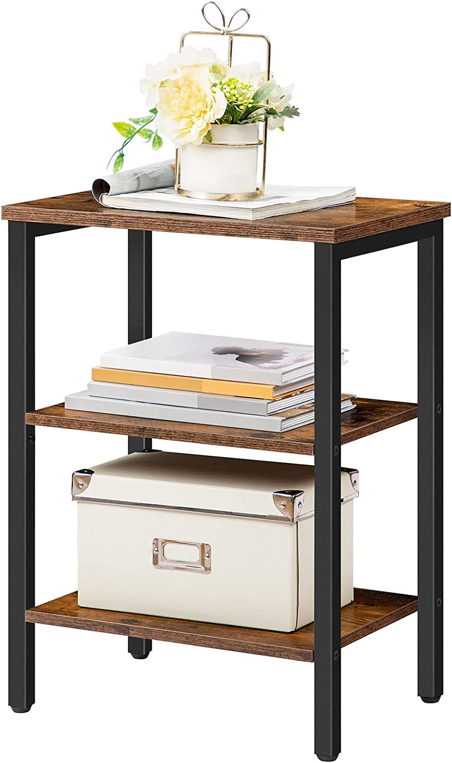 Industrial End Table with 3-Layer Shelves, Rustic Brown - Easy Assembly, Ideal for Small Spaces and Living Room 