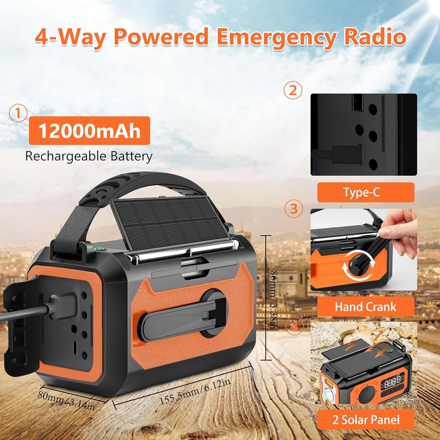 Versatile 12000mAh Emergency Weather Radio with Multiple Charging Methods, Flashlight, and Survival Features for Outdoor Camping and Emergency Situations