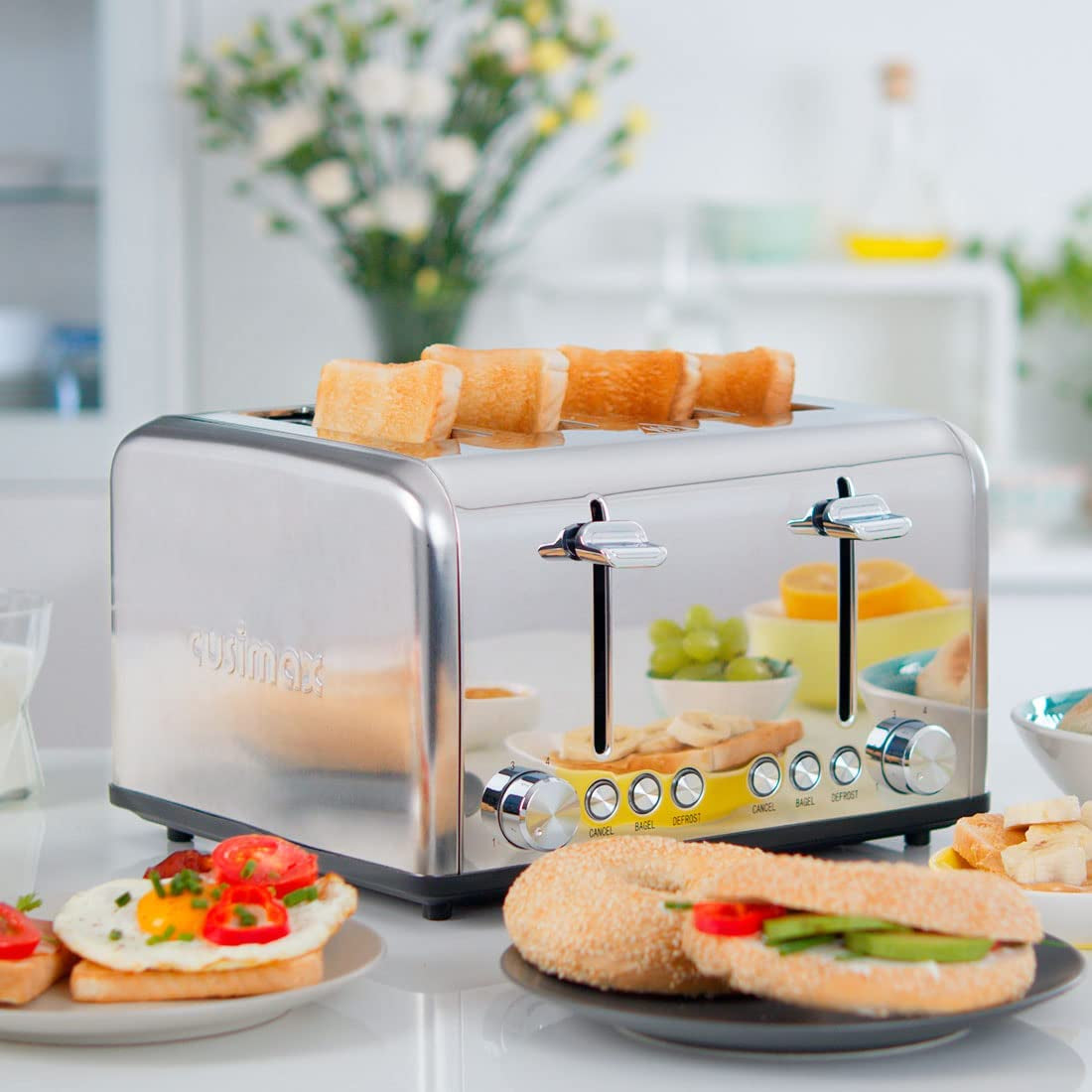 4-Slice Stainless Steel Toaster: With 4 Extra Wide Slots, Bagel/Defrost/Cancel Functions, 6 Shade Settings, and a Removable Crumb Tray.