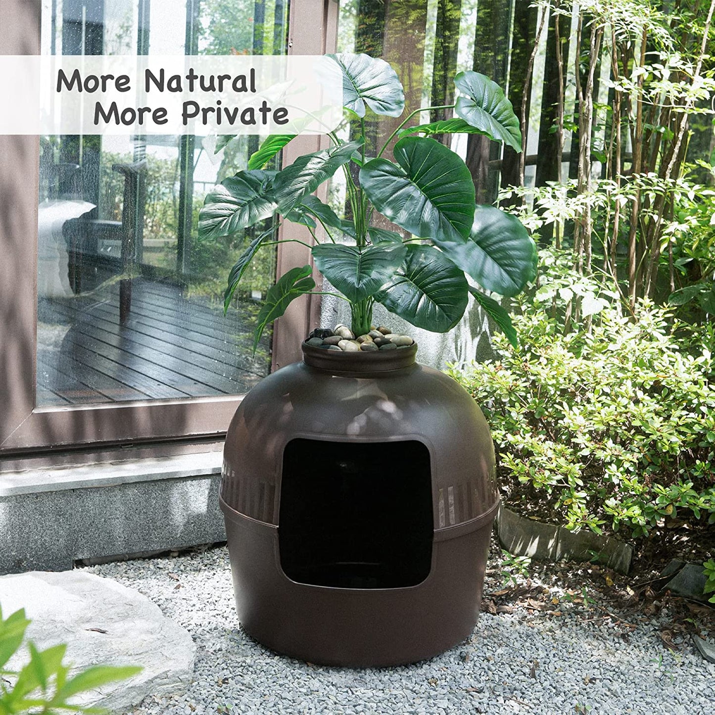 Enclosed Litter Box Enclosure, Plant Pot Design, Includes Faux Plant and Real Stones
