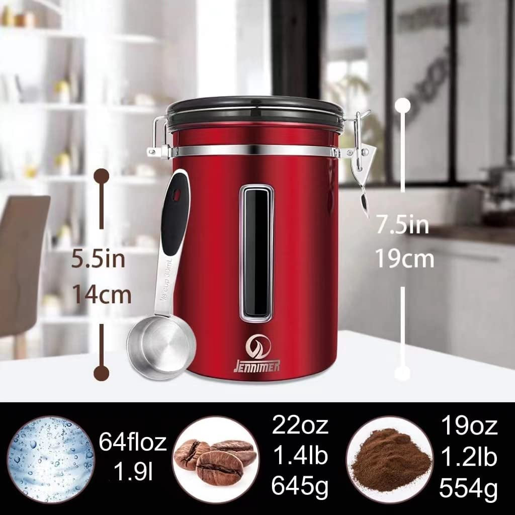 Stainless Steel Large Coffee Canister - Airtight Coffee Storage Container with Transparent Window, Date Tracker, CO2-Release Valve, and Measuring Scoop - Ensures Freshness for Your Coffee - Red Color