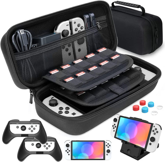 Comprehensive Nintendo Switch Accessory Bundle: Case, Pouch, Cover, Joycon Grips, PlayStand, Screen Protector, Thumb Grips, and Caps
