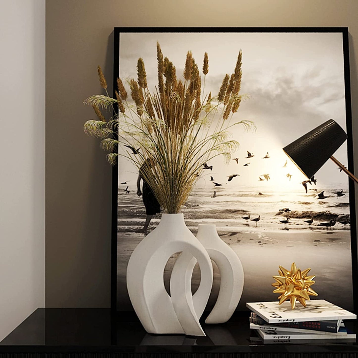 Set of 2 Ceramic Round Vases - Perfect for Pampas Grass and Dry Flowers. These Minimalist Vases add Decorative Elegance to Tables in the Living Room, Bedroom, Dining Room, Office, and more.